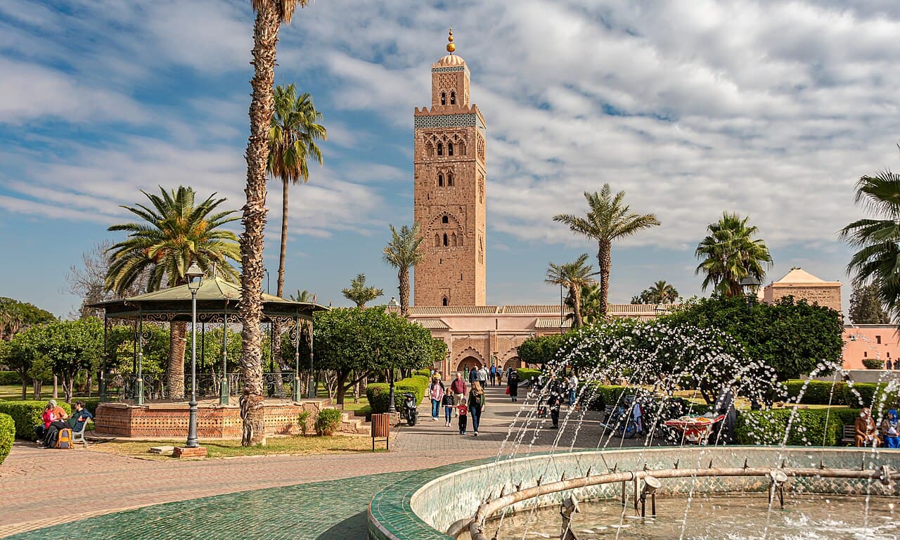 Koutoubia Mosque with palm trees in the foreground